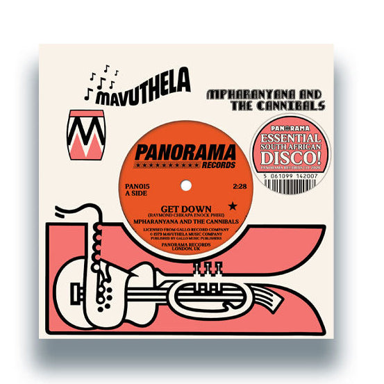 A square printed cover or package design featuring stylized record-label graphics, including the text 'MAVUTHELA', 'MPHRABANTONG AND THE CANNIBALS', 'PANORAMA RECORDS', and 'GET DOWN'. The design uses black text and outlines with coral-red and white graphic elements on a light beige background.